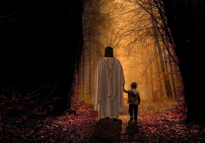 Jesus child walk away in forest