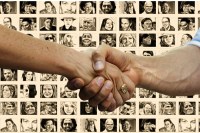 many individual pix with 2 shaking hands in foreground