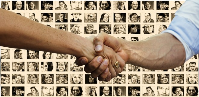 many individual pix with 2 shaking hands in foreground