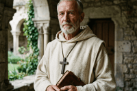 Elderly monk in beige robe holding a book and rosary beads in stone cloister