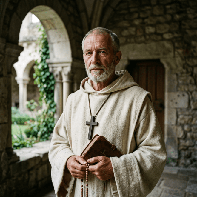 Elderly monk in beige robe holding a book and rosary beads in stone cloister